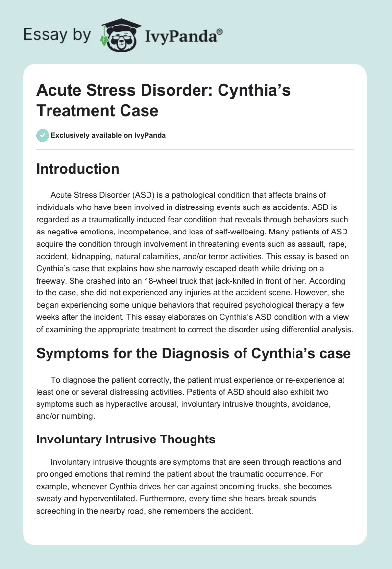 Acute Stress Disorder: Cynthia’s Treatment Case. Page 1