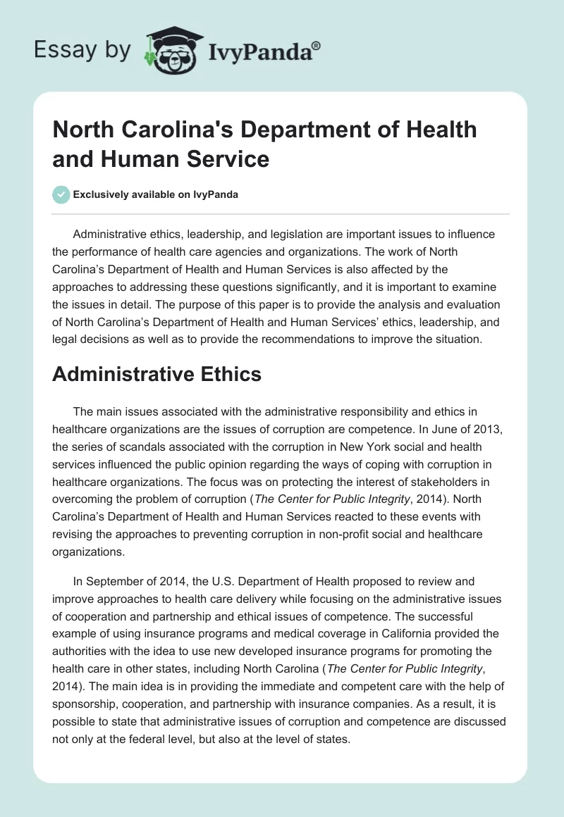 North Carolina's Department of Health and Human Service. Page 1