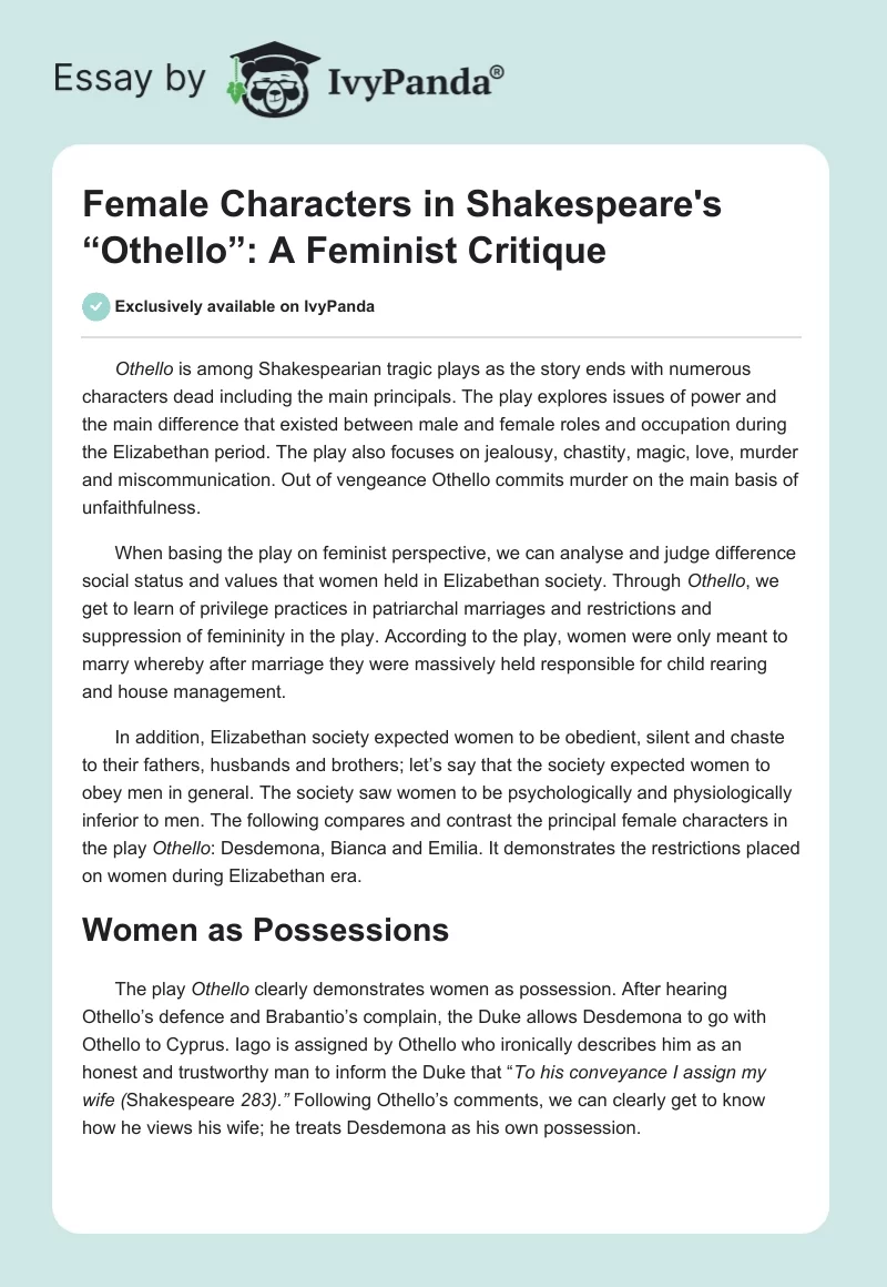 Female Characters in Shakespeare's “Othello”: A Feminist Critique. Page 1