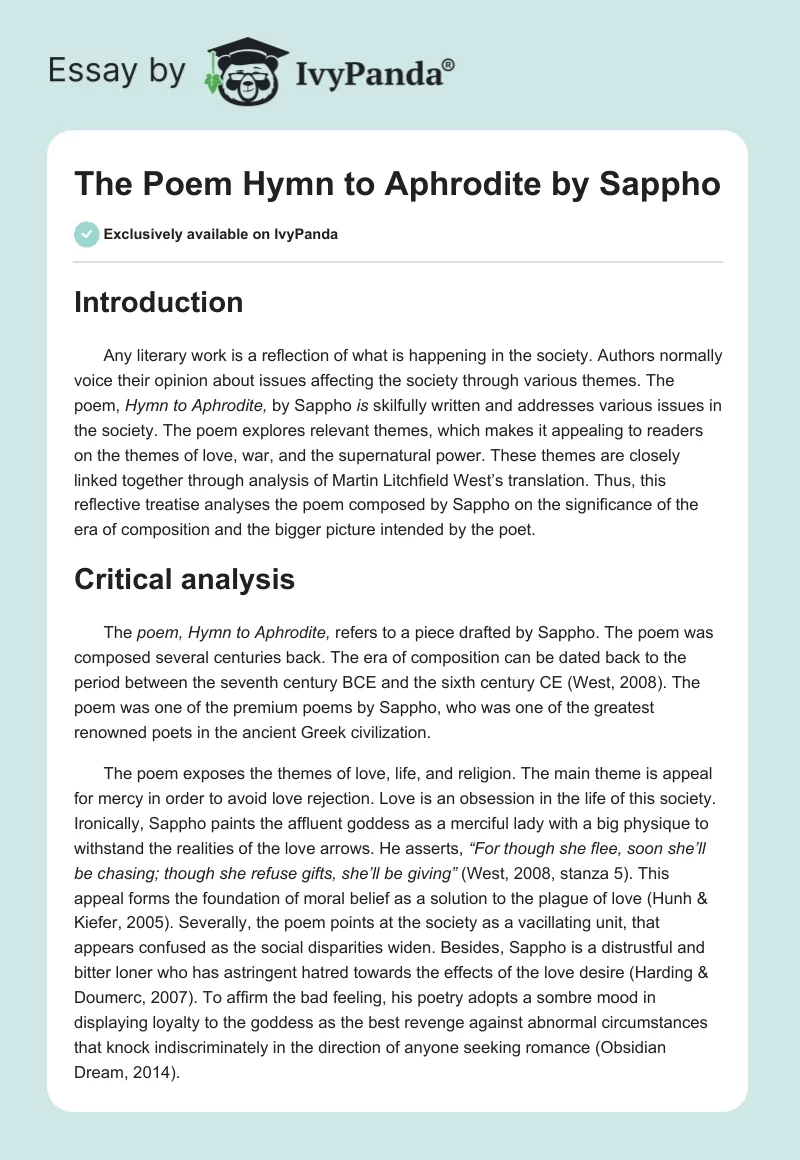 The Poem "Hymn to Aphrodite" by Sappho. Page 1