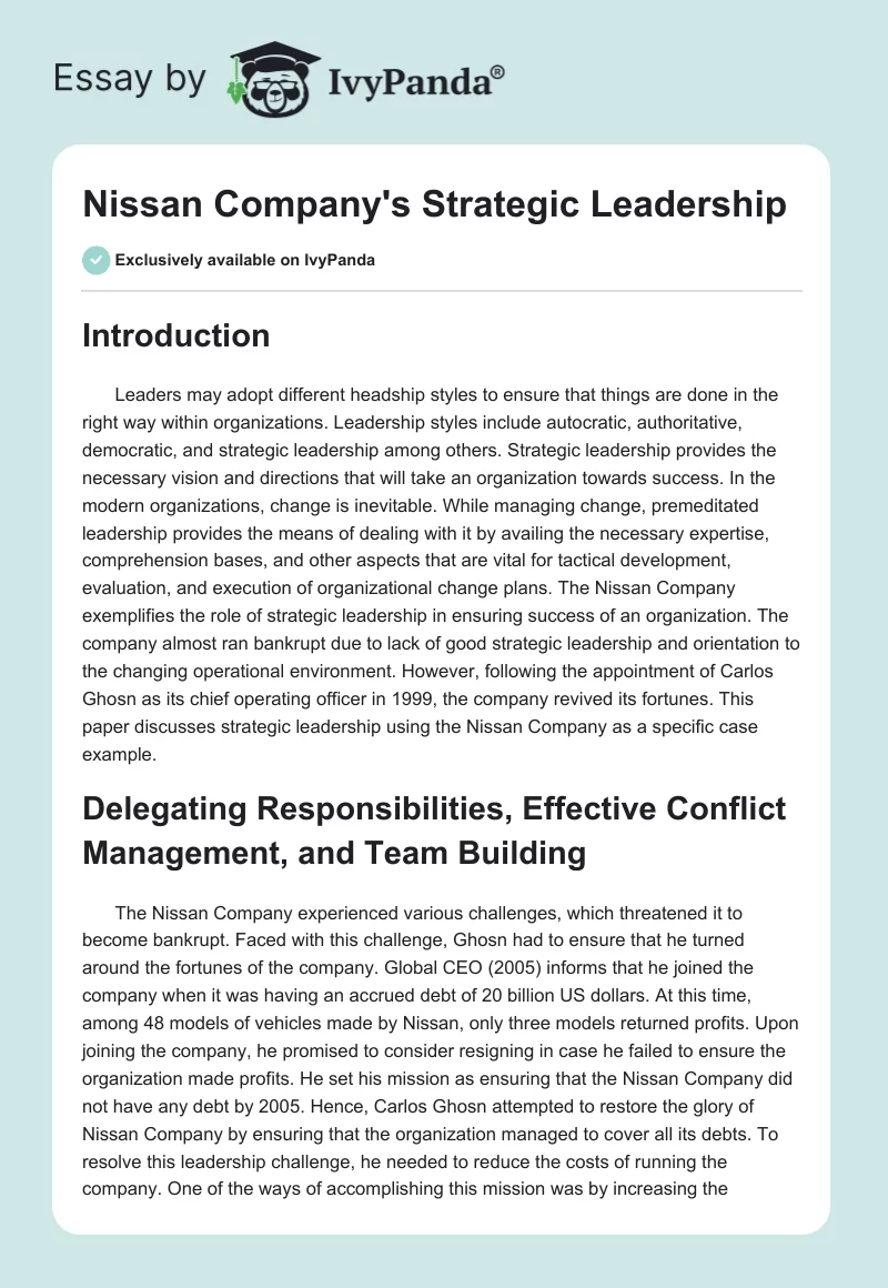 Nissan Company's Strategic Leadership. Page 1