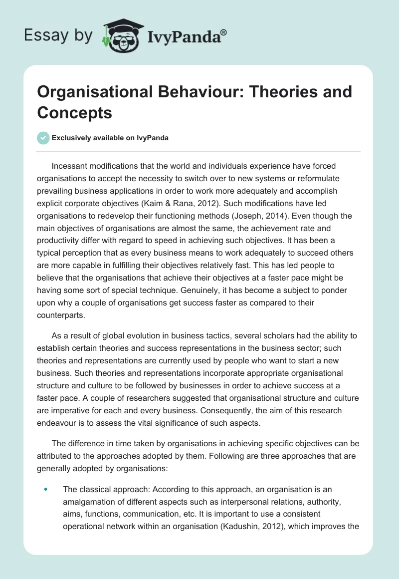 Organisational Behaviour: Theories and Concepts. Page 1
