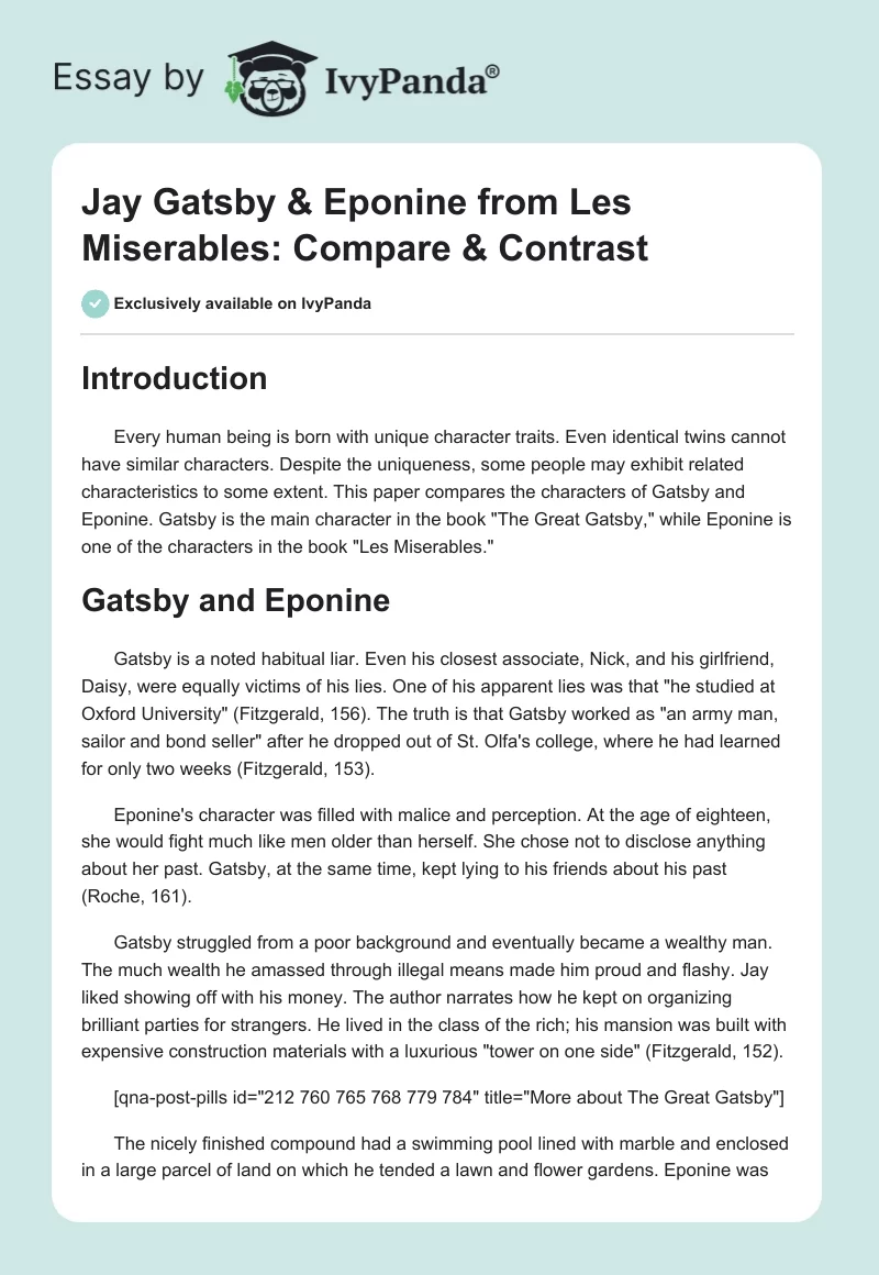 Jay Gatsby & Eponine From Les Miserables: Compare & Contrast. Page 1