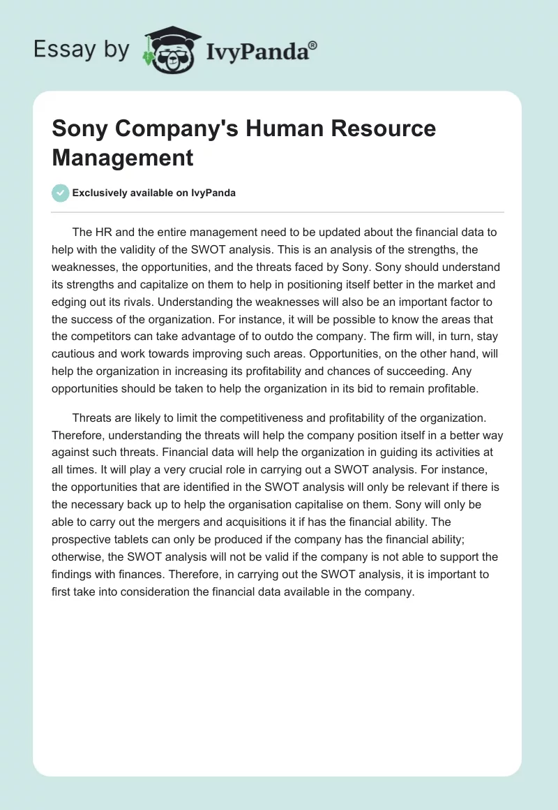 Sony Company's Human Resource Management. Page 1