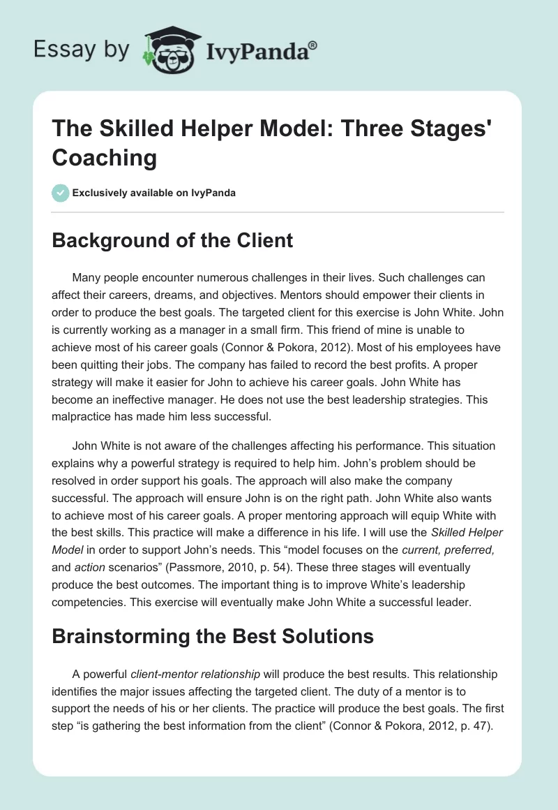 The Skilled Helper Model: Three Stages' Coaching. Page 1