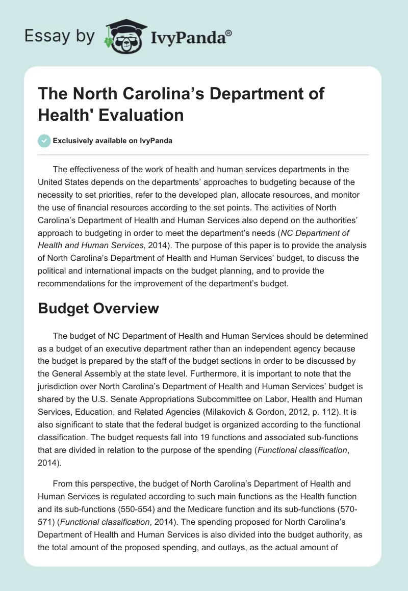 The North Carolina’s Department of Health' Evaluation. Page 1
