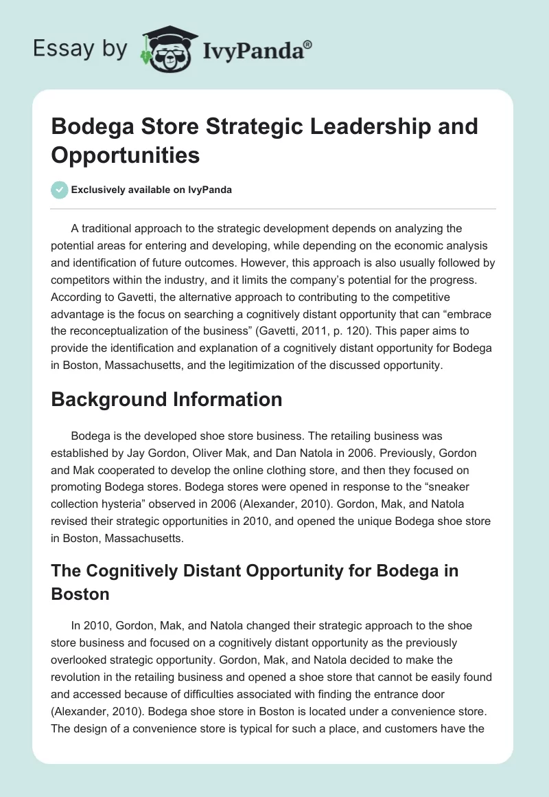 Bodega Store Strategic Leadership and Opportunities. Page 1