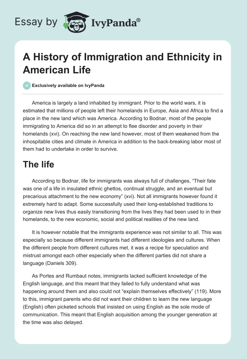 A History of Immigration and Ethnicity in American Life. Page 1