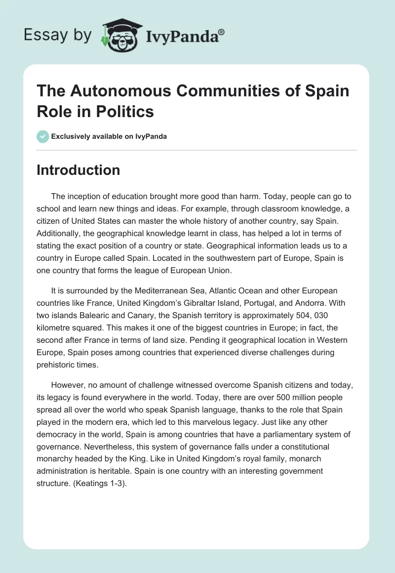 The Autonomous Communities of Spain Role in Politics. Page 1