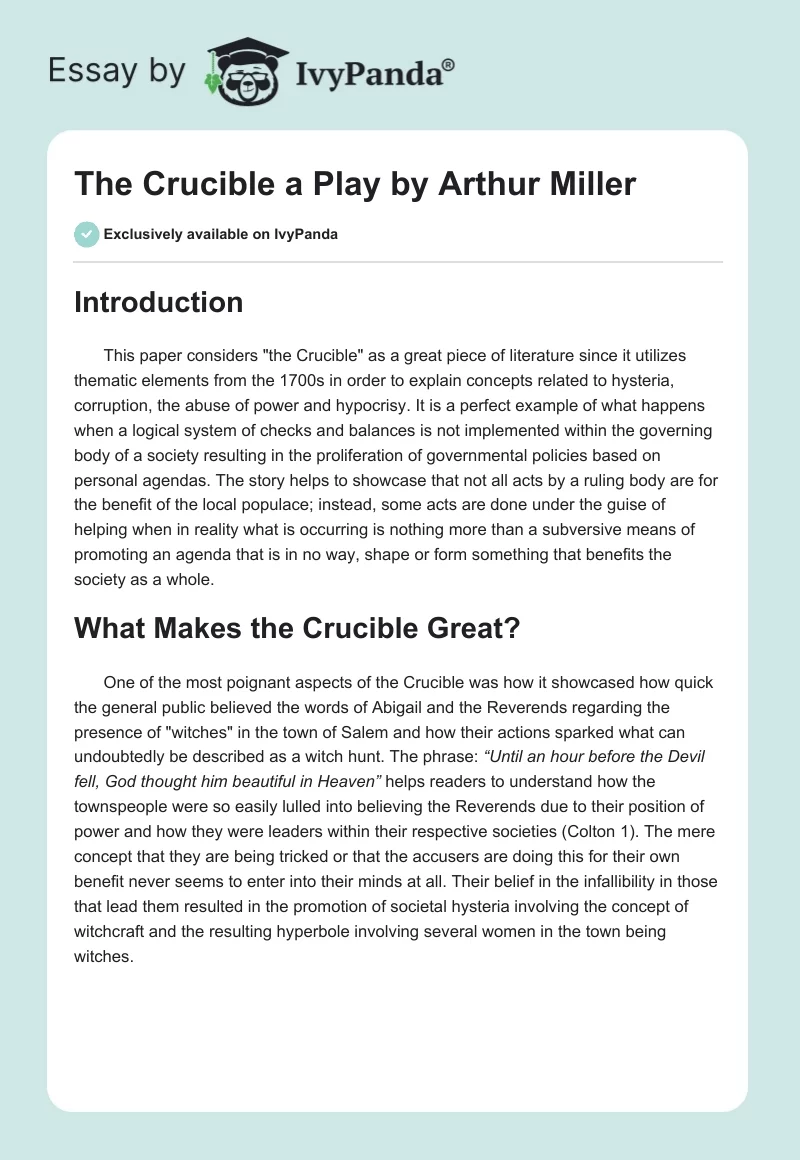 "The Crucible" a Play by Arthur Miller. Page 1