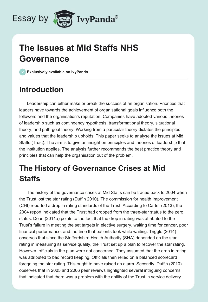 The Issues at Mid Staffs NHS Governance. Page 1