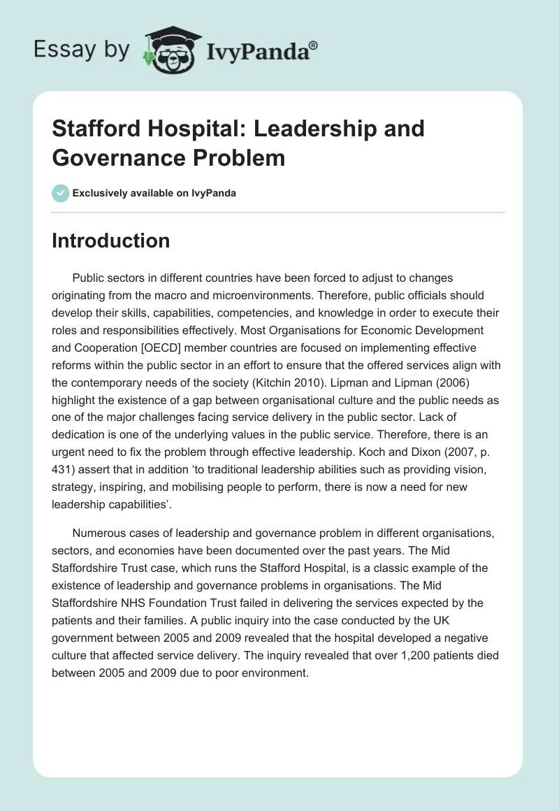 Stafford Hospital: Leadership and Governance Problem. Page 1
