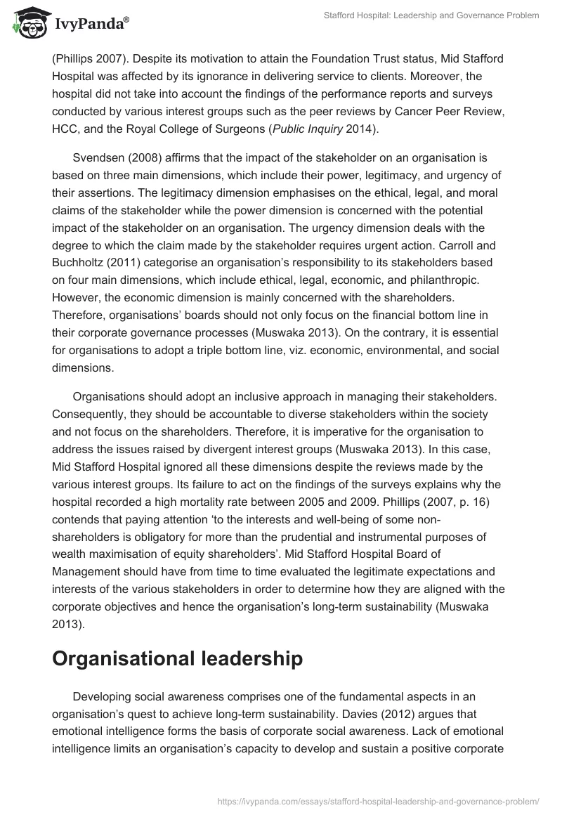 Stafford Hospital: Leadership and Governance Problem. Page 4