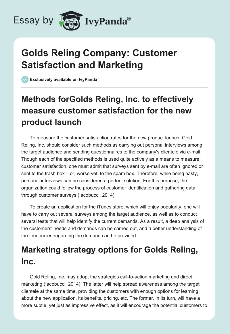Golds Reling Company: Customer Satisfaction and Marketing. Page 1