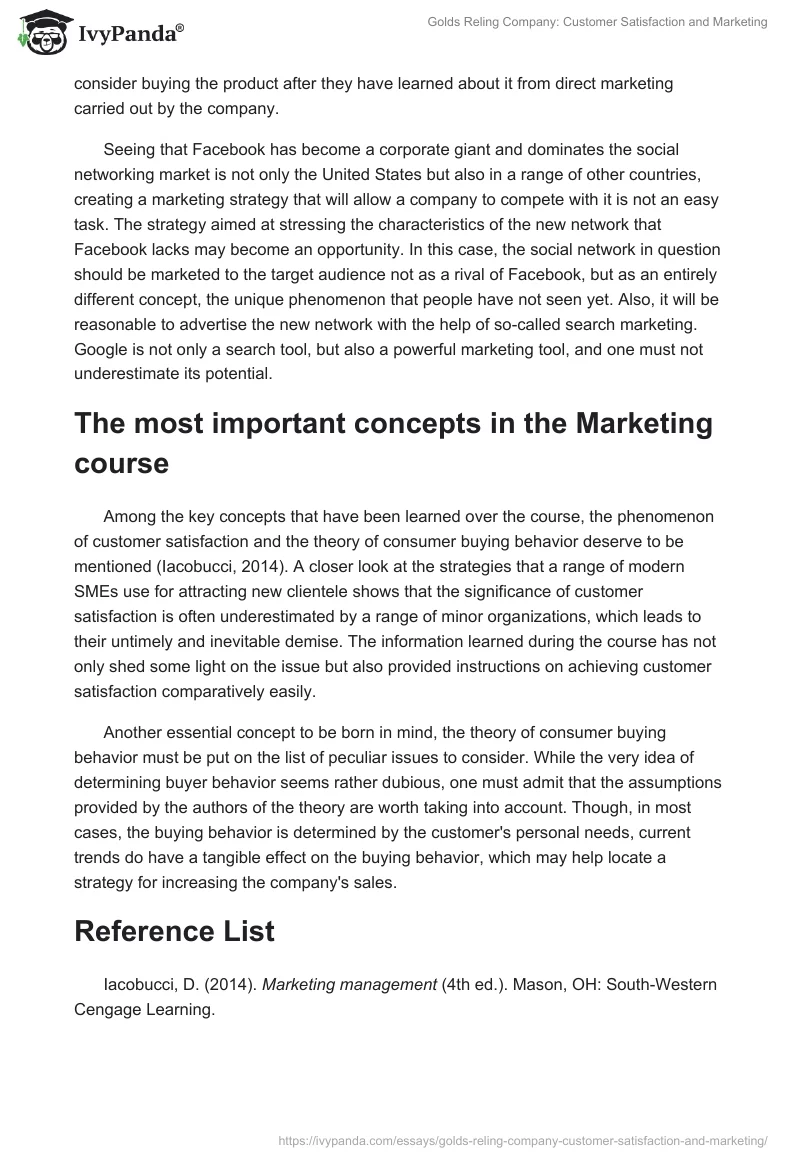 Golds Reling Company: Customer Satisfaction and Marketing. Page 2