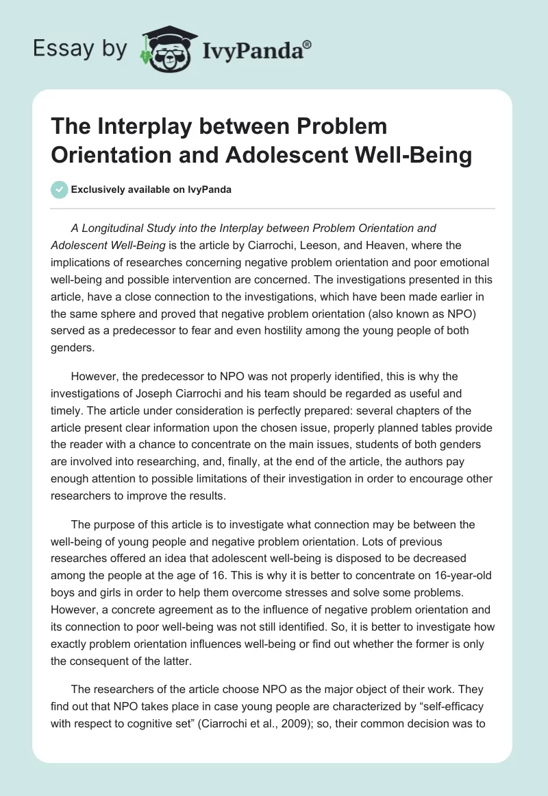 The Interplay between Problem Orientation and Adolescent Well-Being. Page 1
