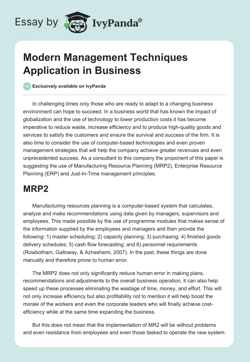 Modern Management Techniques Application in Business. Page 1
