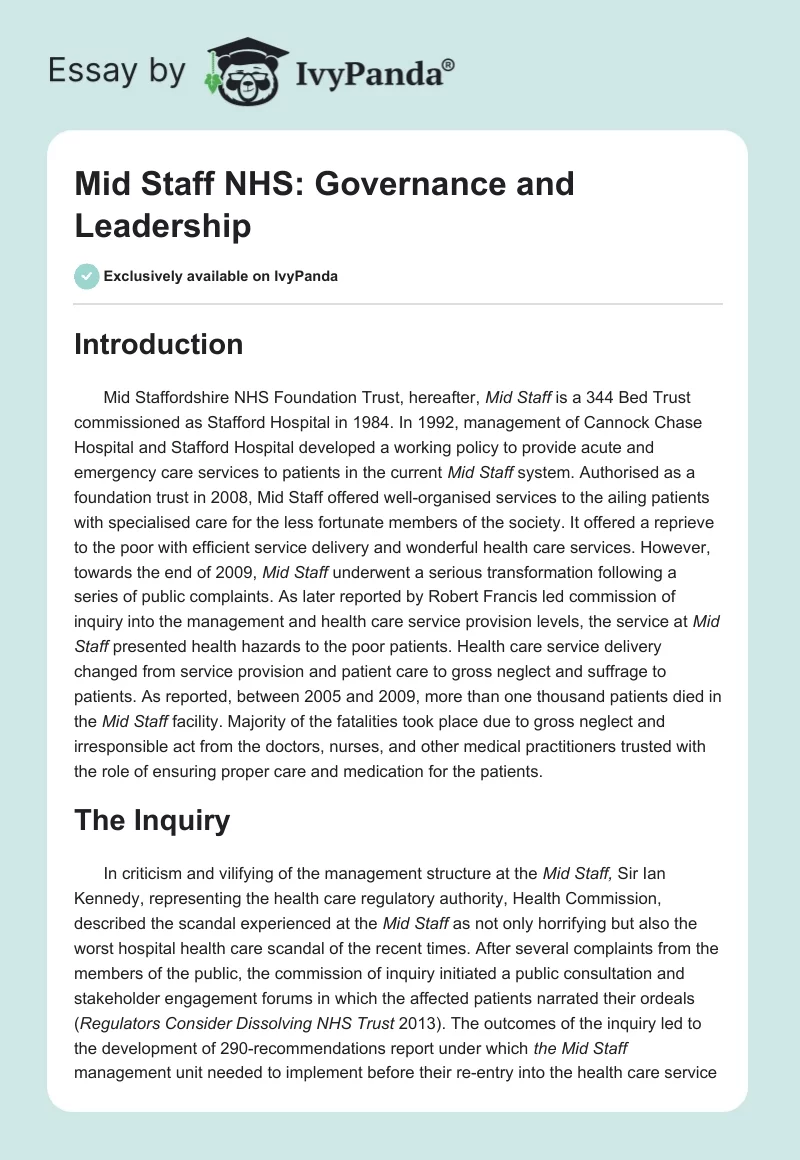 Mid Staff NHS: Governance and Leadership. Page 1