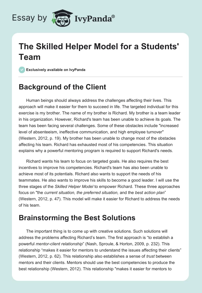 The Skilled Helper Model for a Students' Team. Page 1
