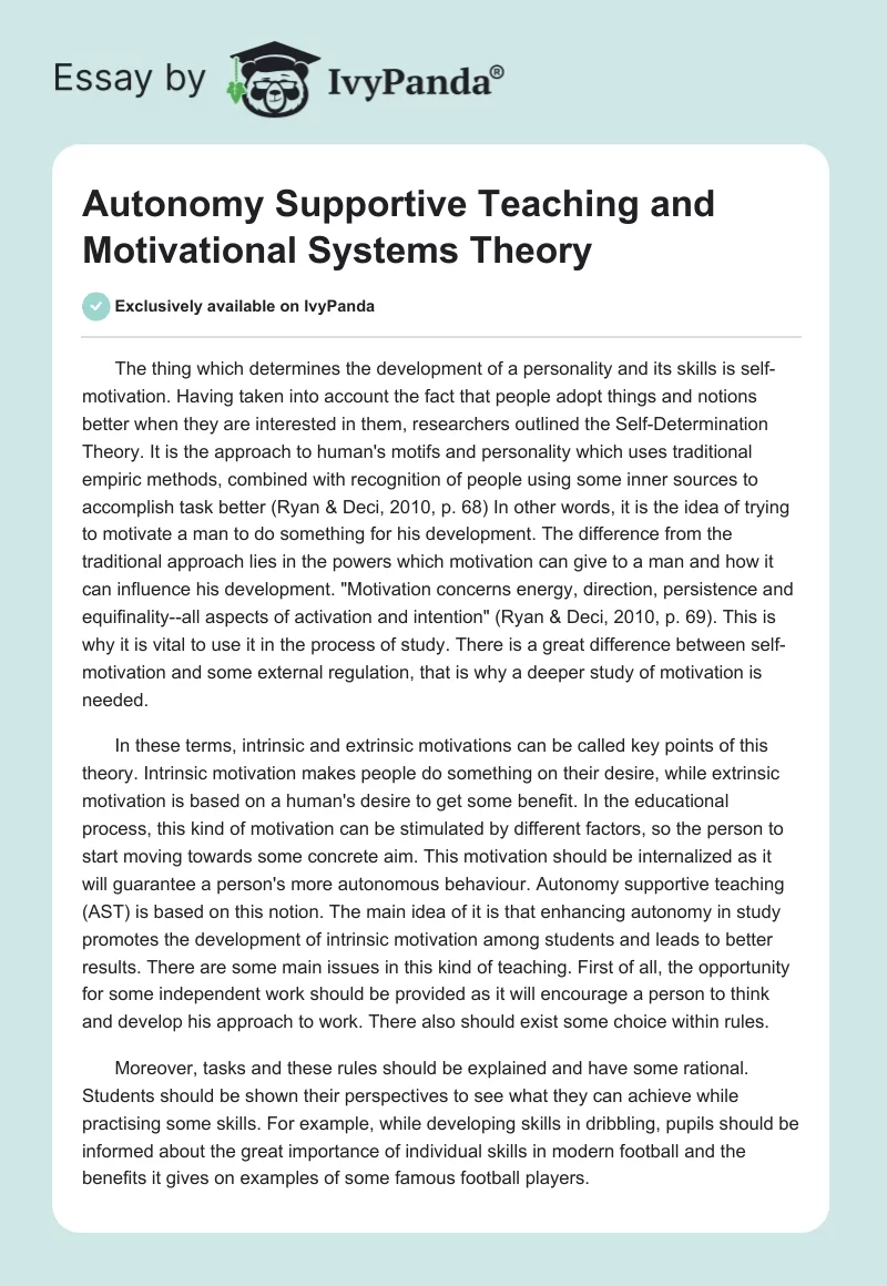 Autonomy Supportive Teaching and Motivational Systems Theory. Page 1