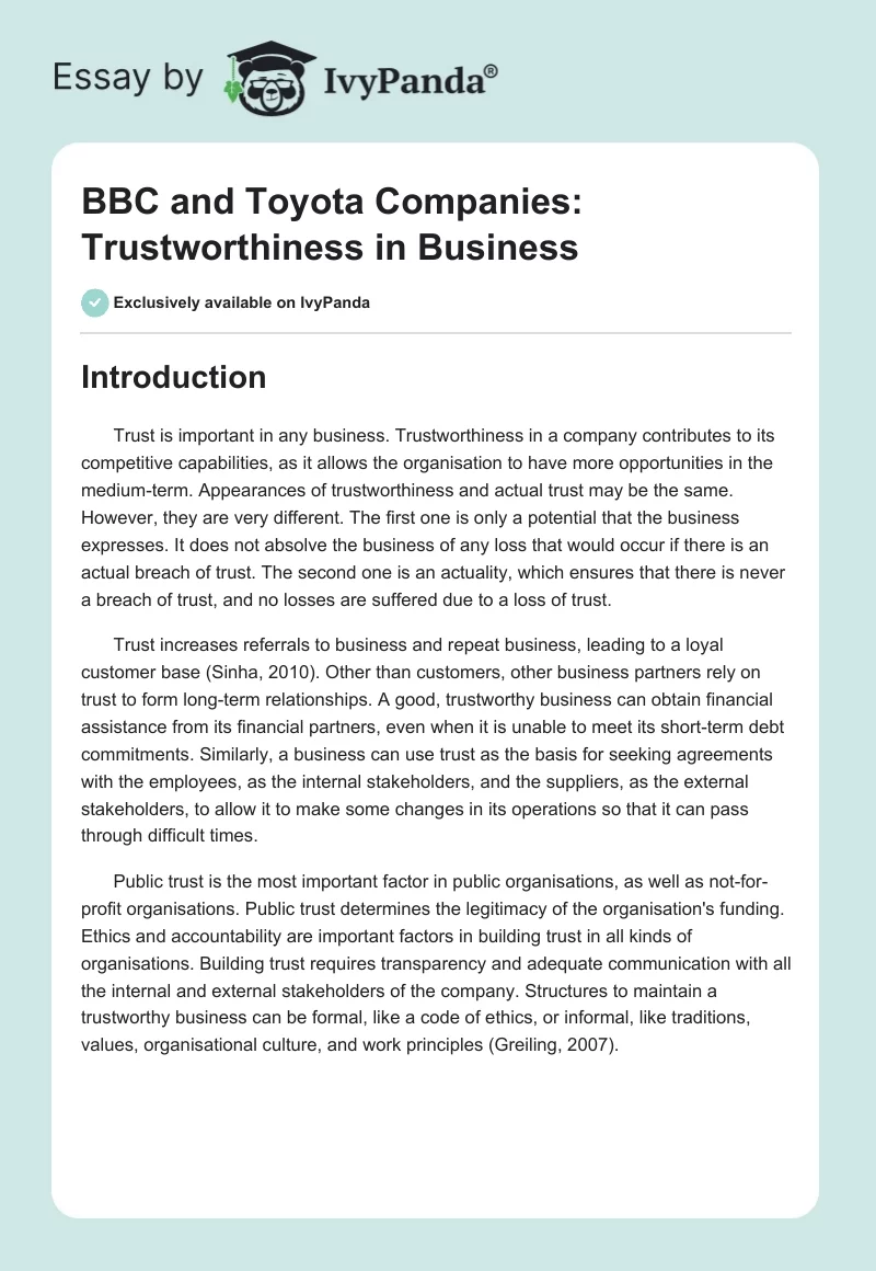 BBC and Toyota Companies: Trustworthiness in Business. Page 1