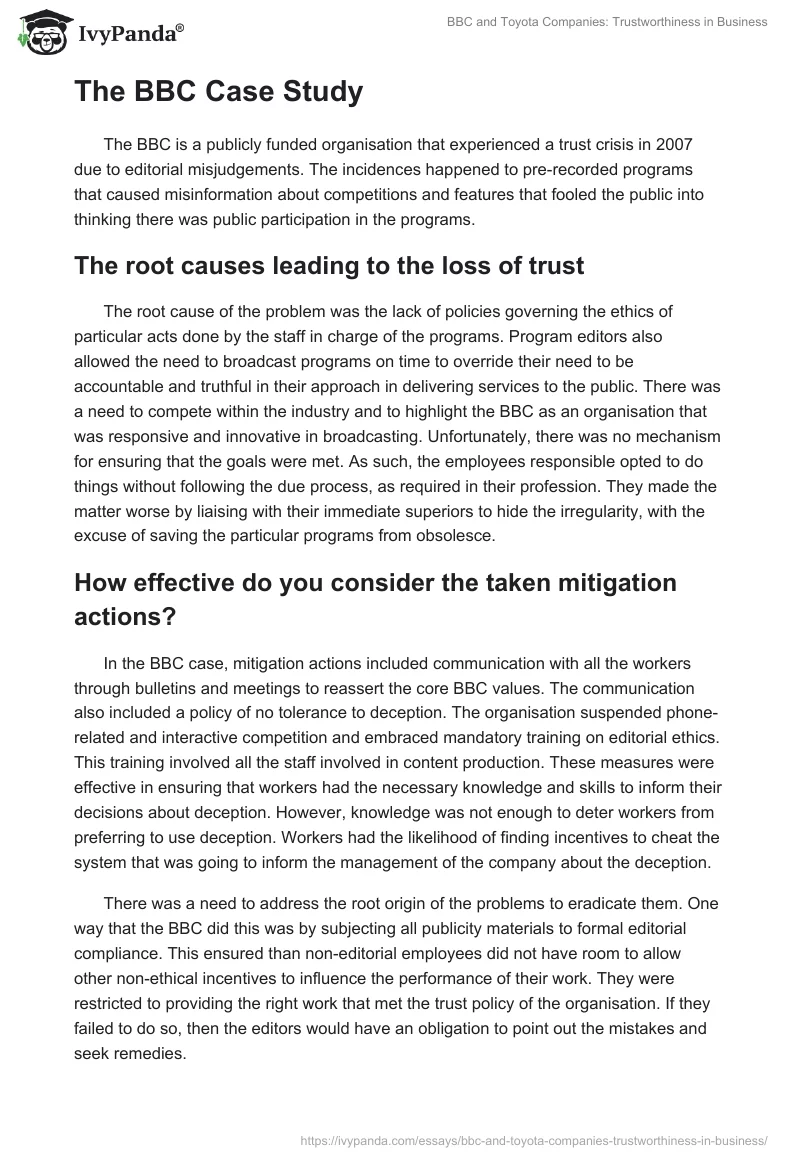 BBC and Toyota Companies: Trustworthiness in Business. Page 2