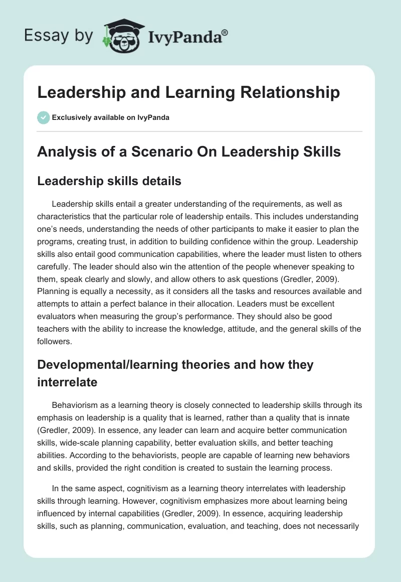 Leadership and Learning Relationship. Page 1