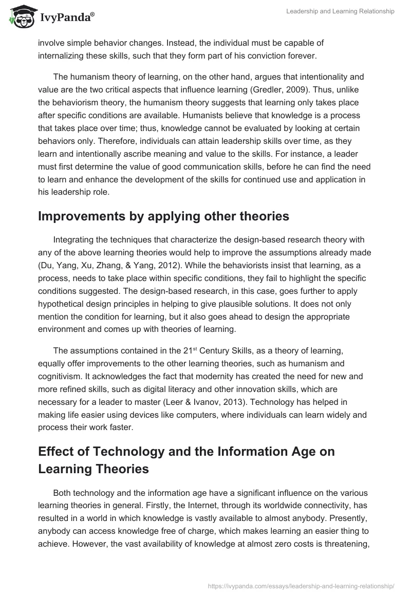 Leadership and Learning Relationship. Page 2