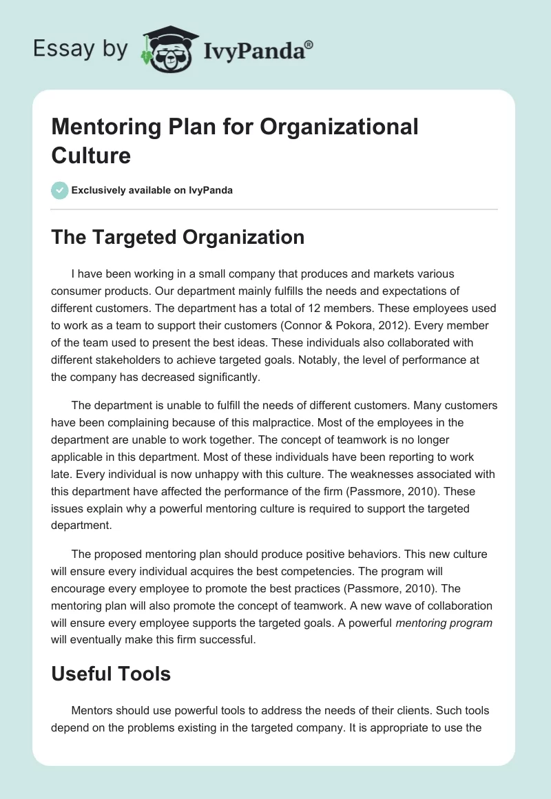 Mentoring Plan for Organizational Culture. Page 1