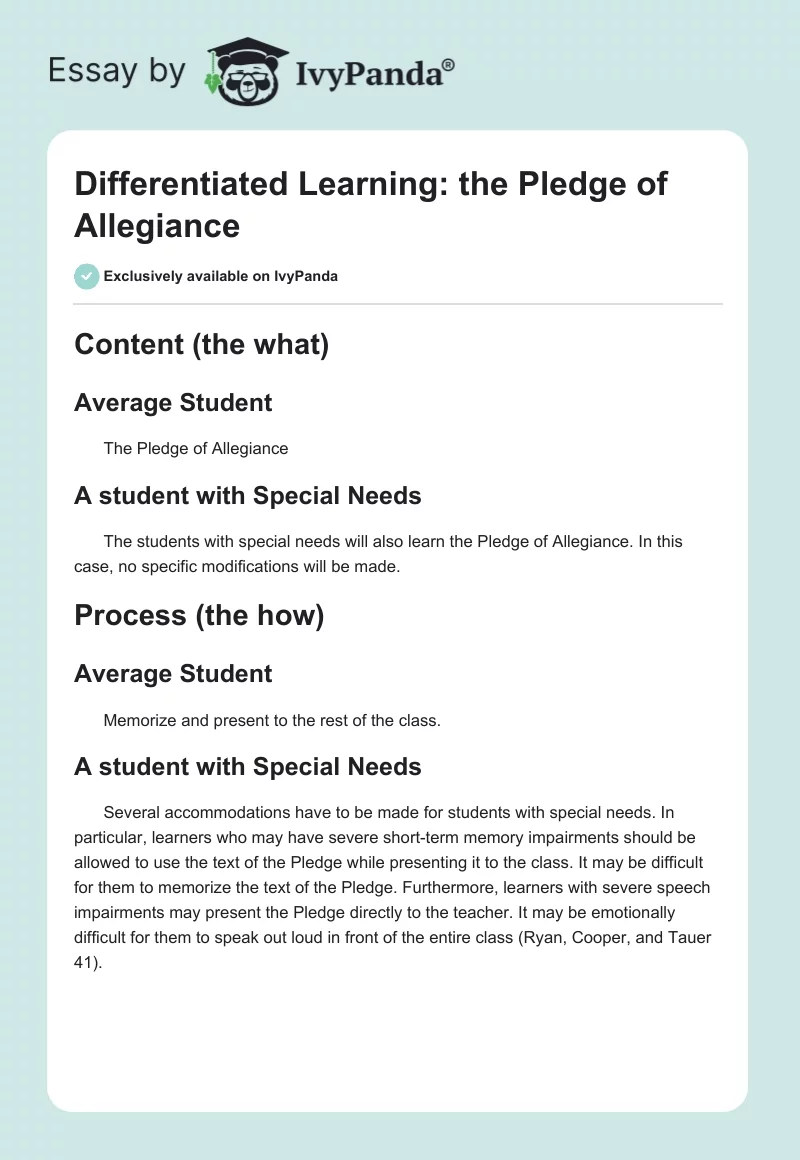 Differentiated Learning: the Pledge of Allegiance. Page 1
