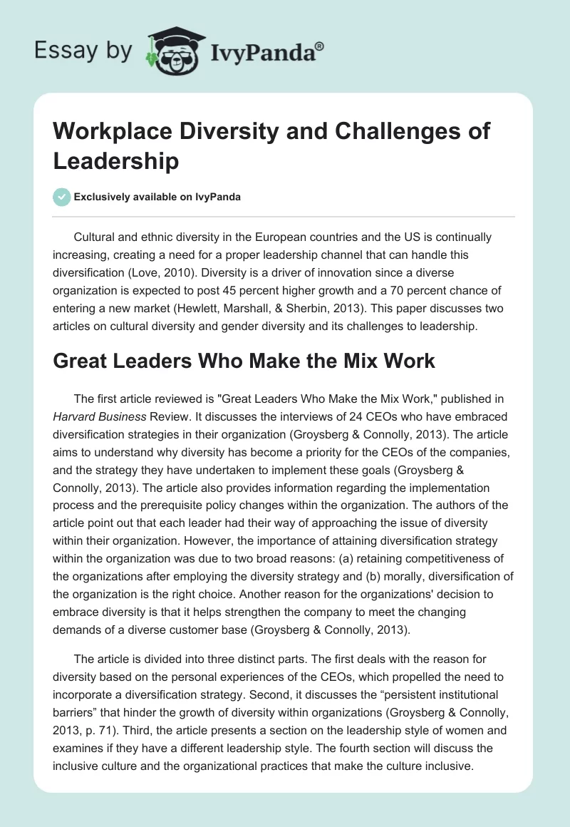 Workplace Diversity and Challenges of Leadership. Page 1