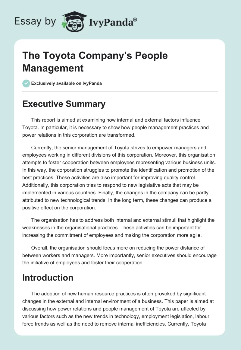 The Toyota Company's People Management. Page 1
