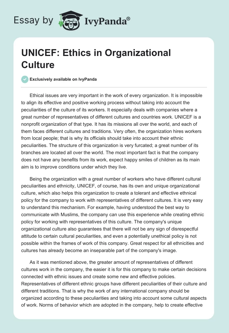 UNICEF: Ethics in Organizational Culture. Page 1