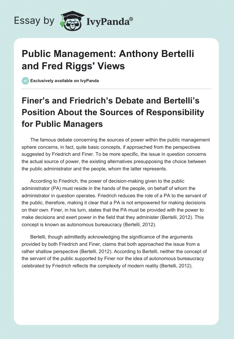 Public Management: Anthony Bertelli and Fred Riggs' Views. Page 1