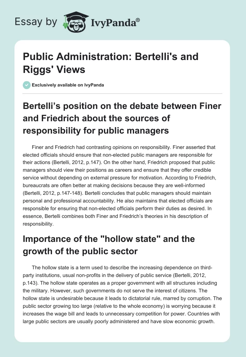 Public Administration: Bertelli's and Riggs' Views. Page 1