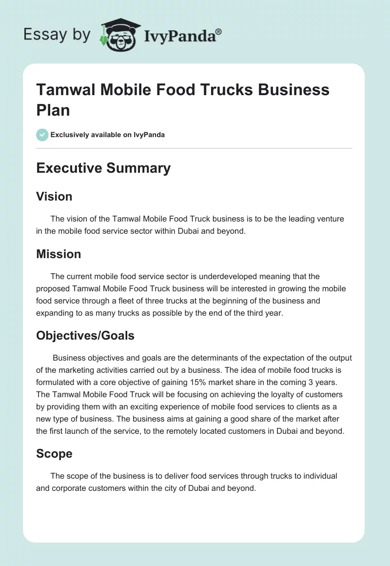 Tamwal Mobile Food Trucks Business Plan. Page 1