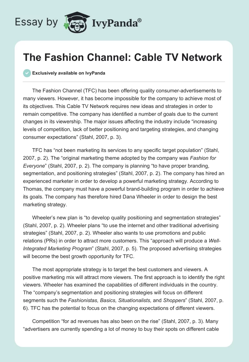 The Fashion Channel: Cable TV Network. Page 1