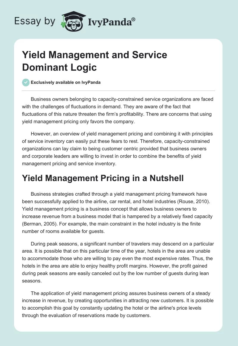 Yield Management and Service Dominant Logic. Page 1