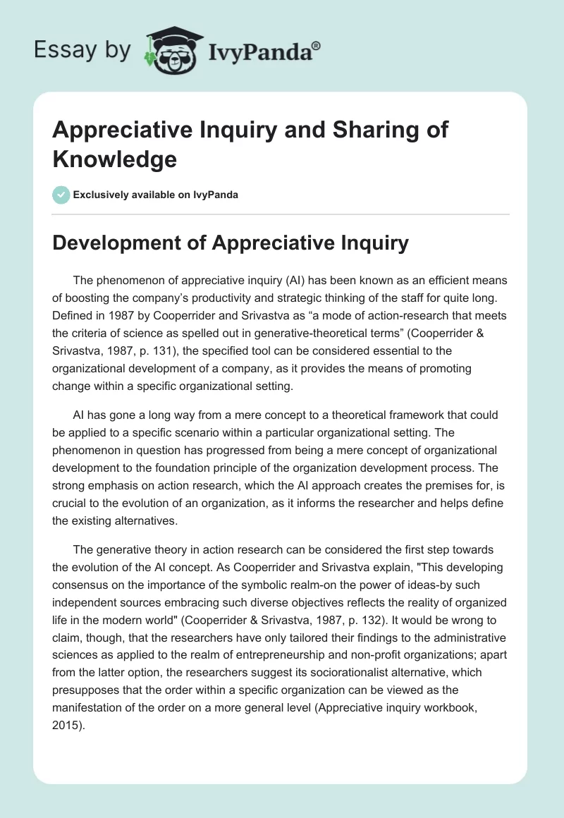 Appreciative Inquiry and Sharing of Knowledge. Page 1