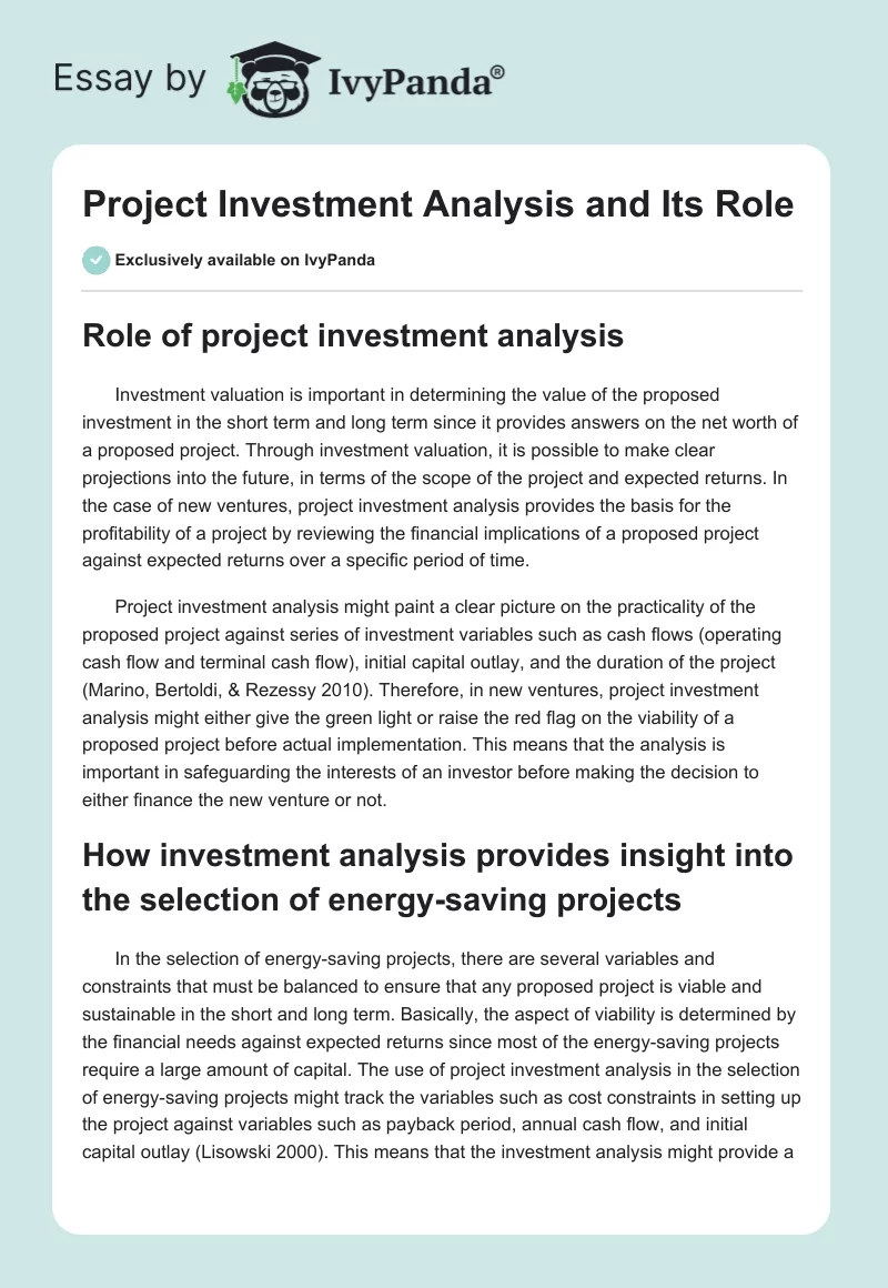 Project Investment Analysis and Its Role. Page 1