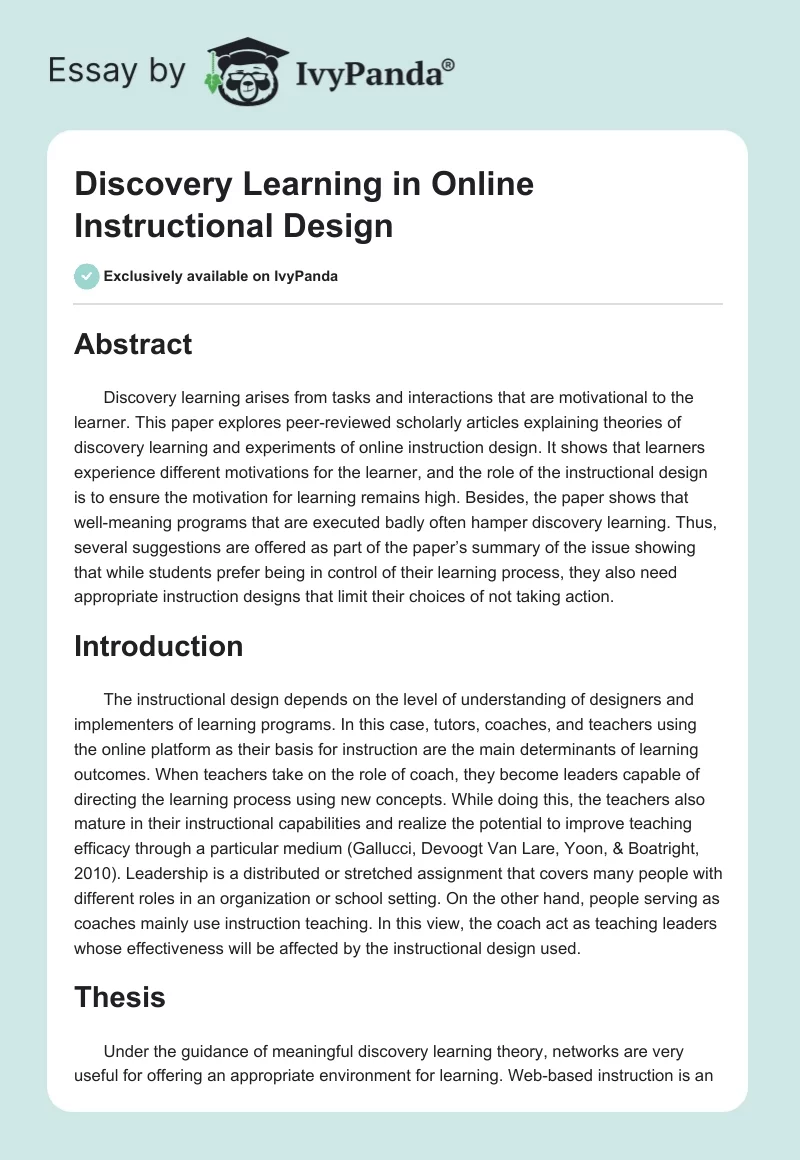 Discovery Learning in Online Instructional Design. Page 1