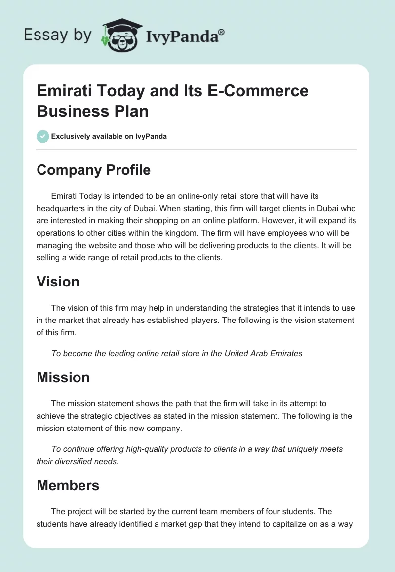 Emirati Today and Its E-Commerce Business Plan. Page 1