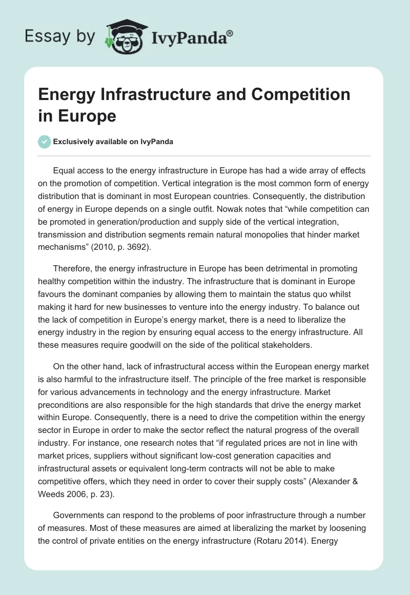 Energy Infrastructure and Competition in Europe. Page 1