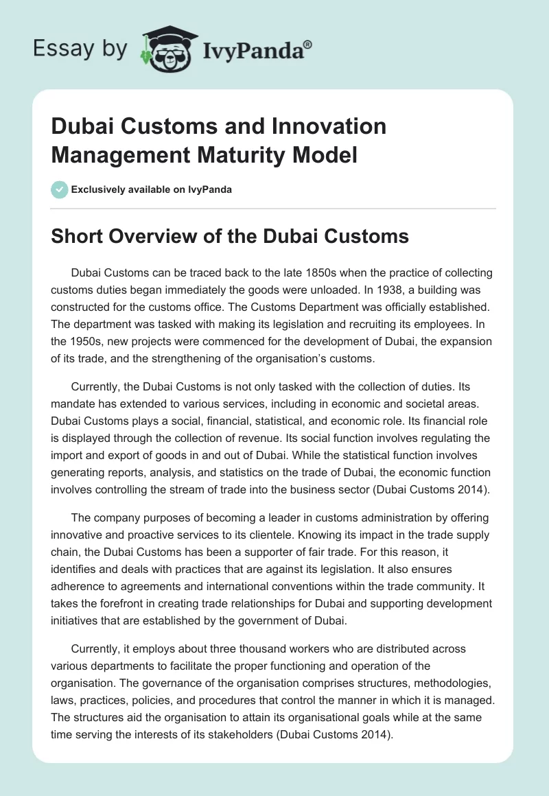 Dubai Customs and Innovation Management Maturity Model. Page 1