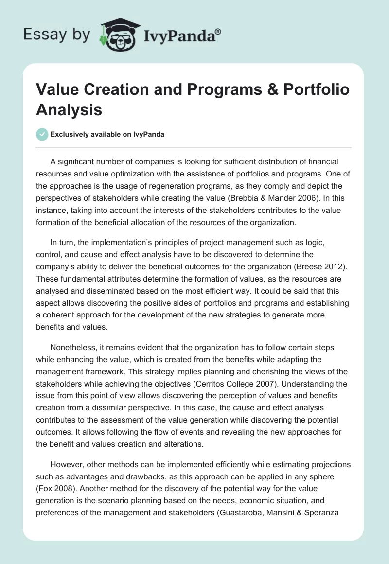 Value Creation and Programs & Portfolio Analysis. Page 1
