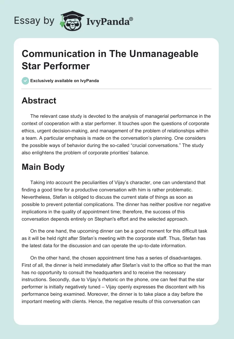 Communication in "The Unmanageable Star Performer". Page 1