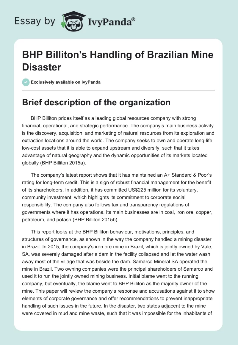 BHP Billiton's Handling of Brazilian Mine Disaster. Page 1