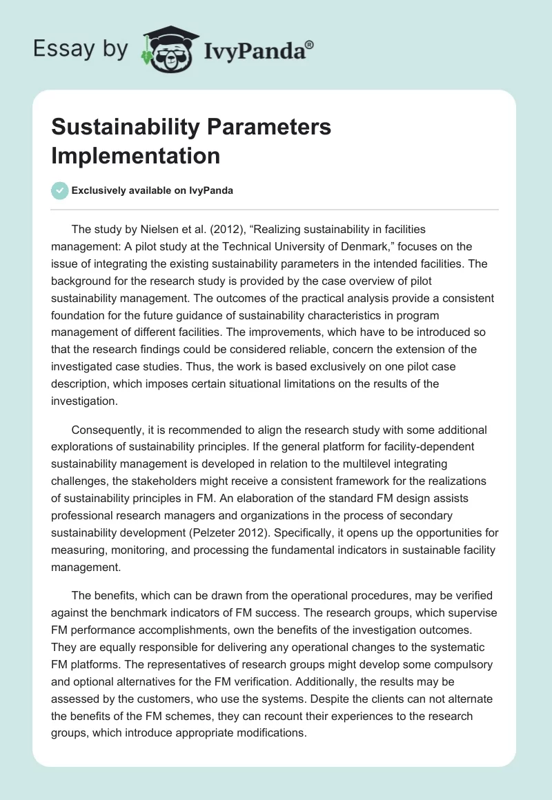 Sustainability Parameters Implementation. Page 1