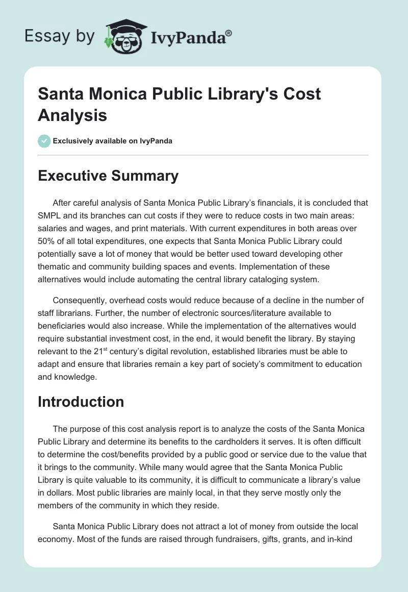 Santa Monica Public Library's Cost Analysis. Page 1
