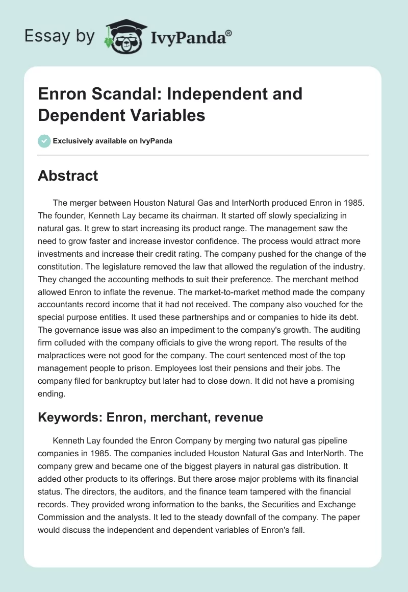 Enron Scandal: Independent and Dependent Variables. Page 1